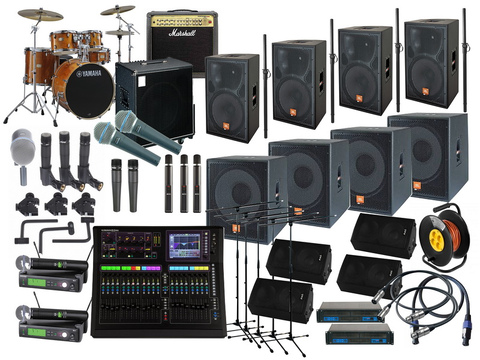 Комплект звуку 6 кВт і backline: Колонки + Мікрофони + Мікшер + Обладнання для музикантів