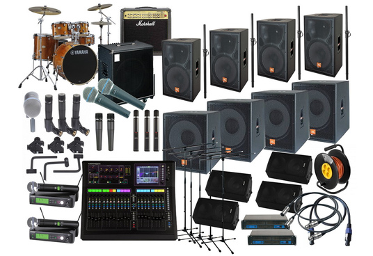 Комплект звуку 6 кВт і backline: Колонки + Мікрофони + Мікшер + Обладнання для музикантів